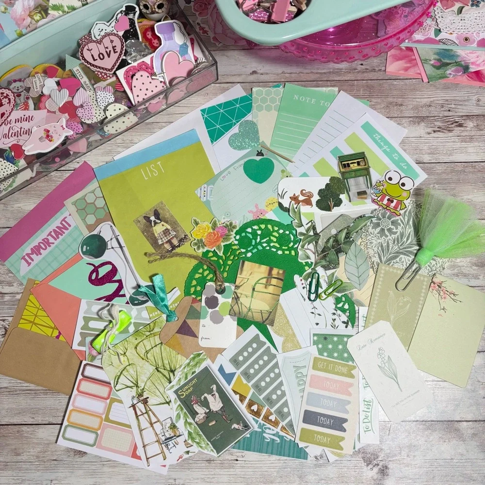 Green Themed Junk Journal Paper Scrap Pack Kit 100 Pieces Ephemera Scrapbook Lot